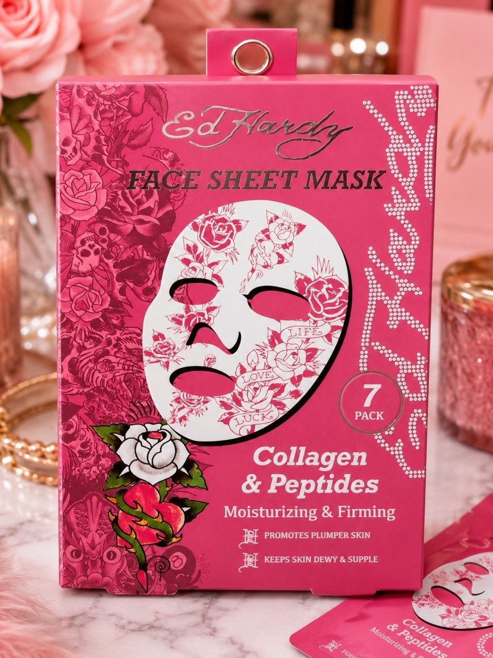 Ed Hardy Pink Collagen & Peptides Face Sheet Mask - 7 Pack
